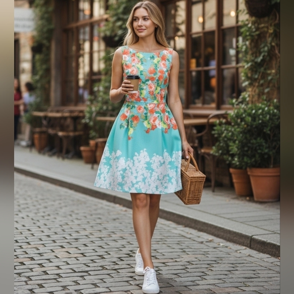 Donna Ricco Floral Midi Dress - Aqua and White Sleeveless Size 16